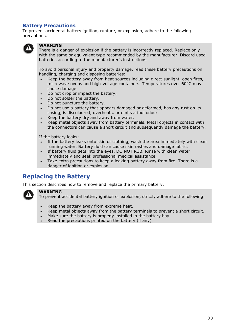 Battery precautions, Replacing the battery, 22 battery precautions | NEC VERSA M380 User Manual | Page 22 / 111