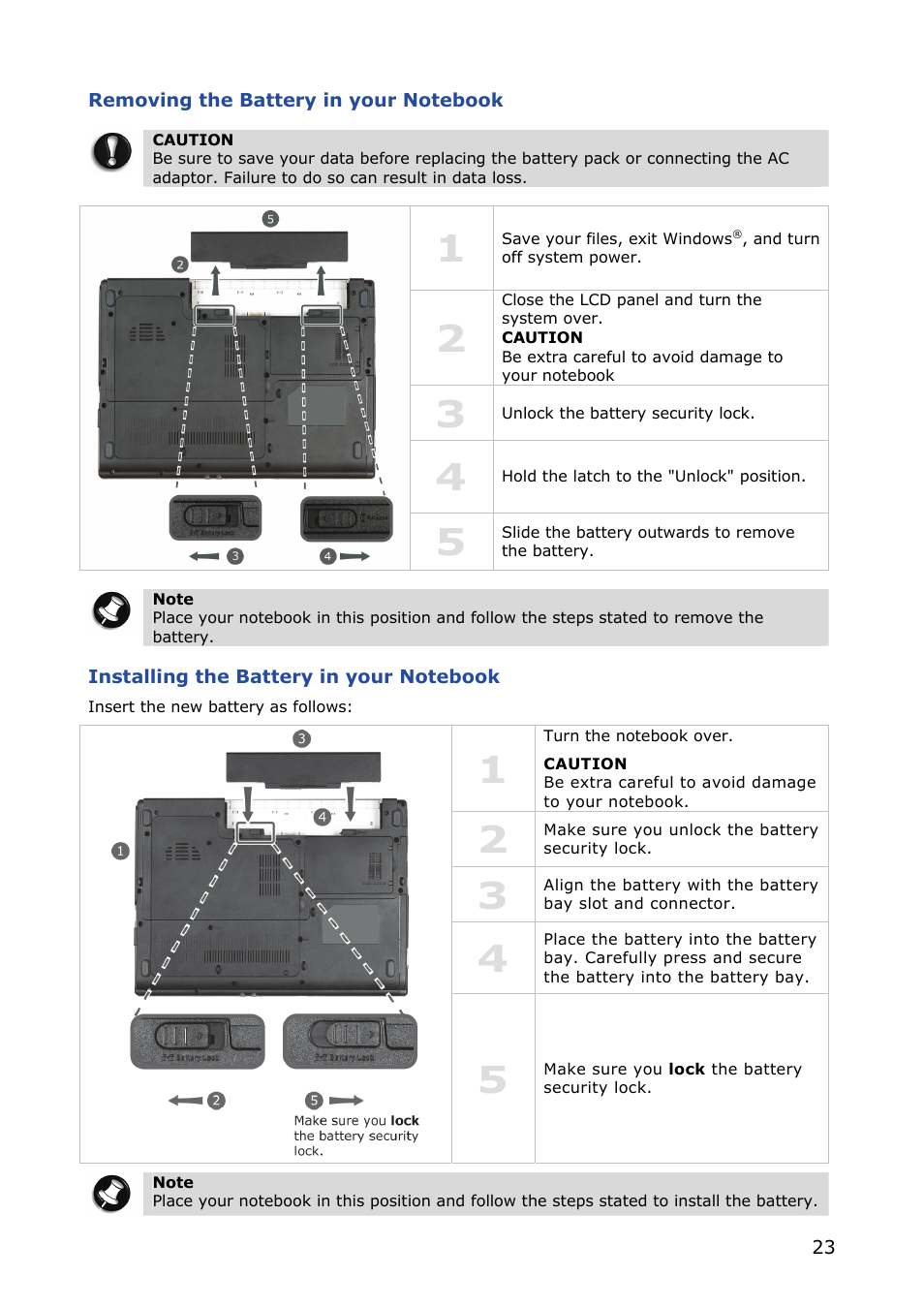 Removing the battery in your notebook, Installing the battery in your notebook | NEC VERSA M380 User Manual | Page 23 / 111