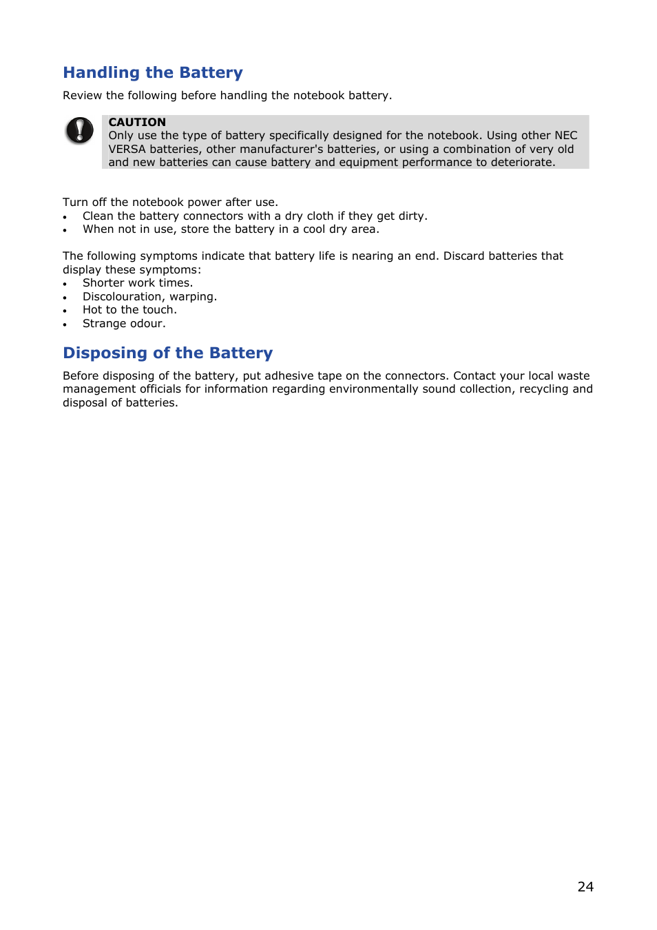 Handling the battery, Disposing of the battery | NEC VERSA M380 User Manual | Page 24 / 111
