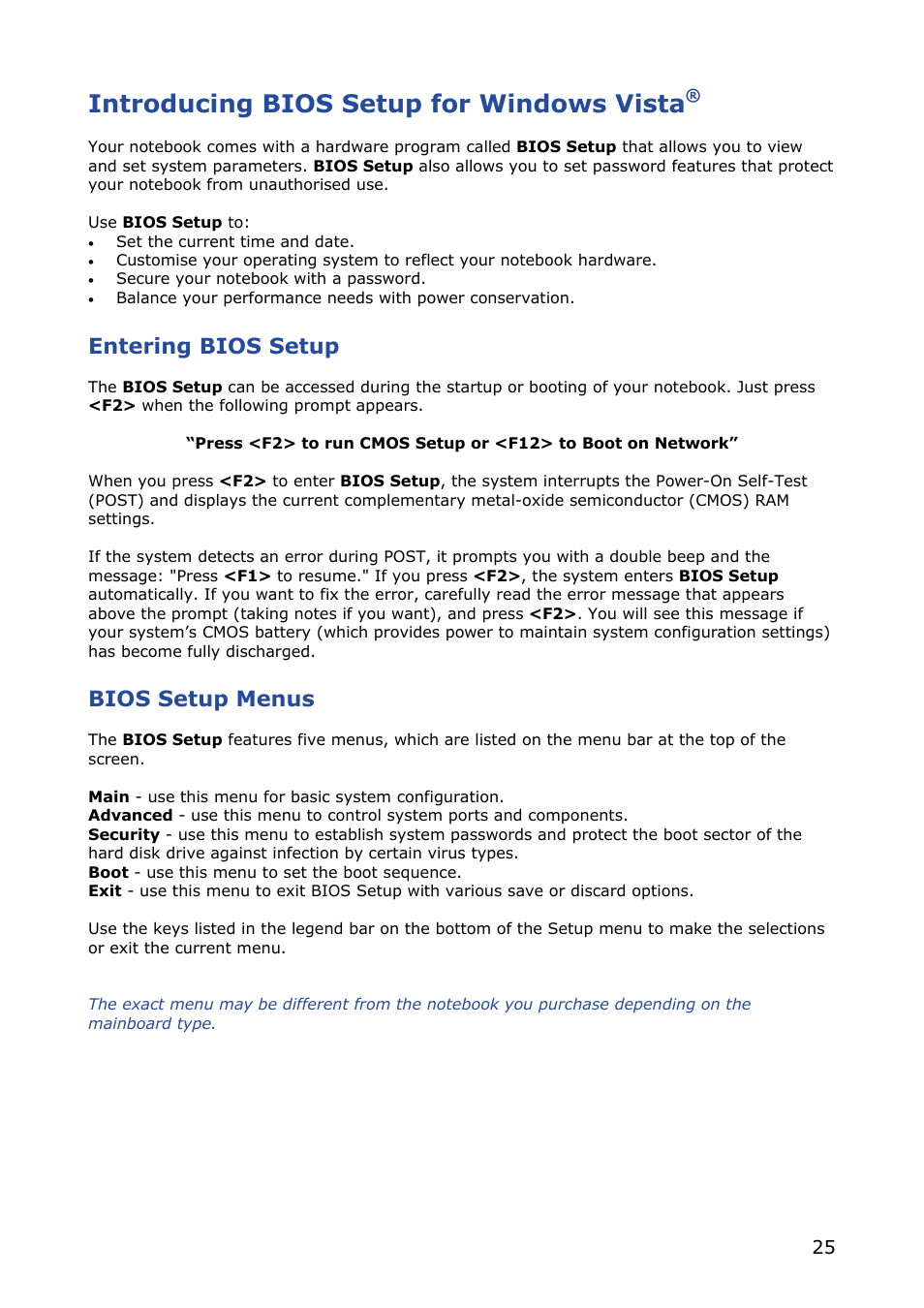 Introducing bios setup for windows vista, Entering bios setup, Bios setup menus | NEC VERSA M380 User Manual | Page 25 / 111