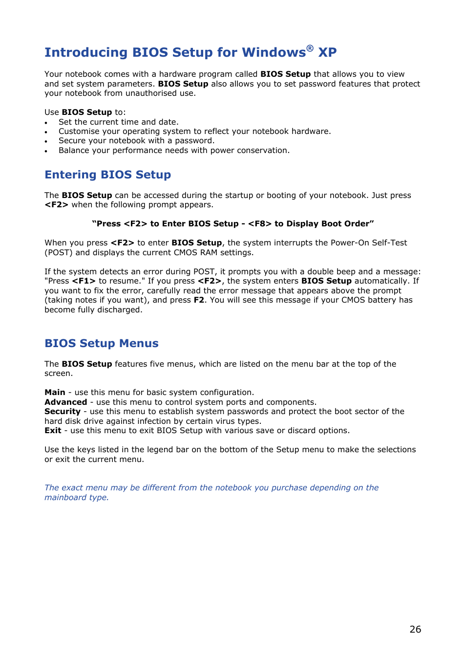 Introducing bios setup for windows® xp, Entering bios setup, Bios setup menus | Introducing bios setup for windows | NEC VERSA M380 User Manual | Page 26 / 111