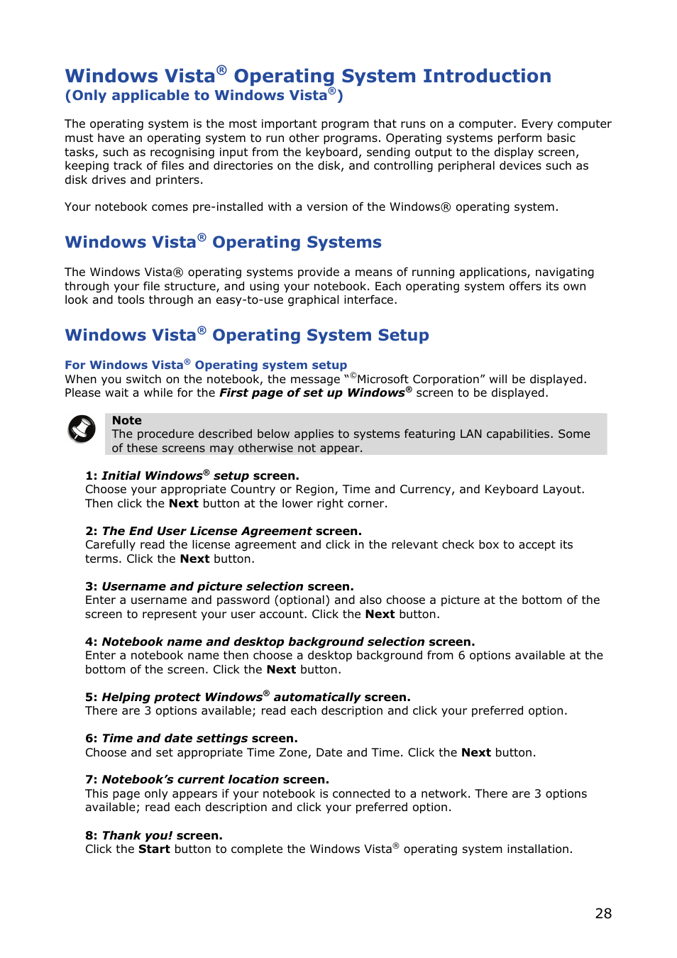 Windows vista® operating systems, Windows vista, Operating system introduction | Operating systems, Operating system setup | NEC VERSA M380 User Manual | Page 28 / 111