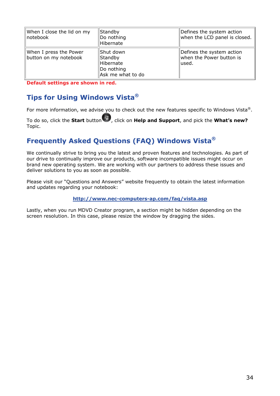 Tips for using windows vista, Frequently asked questions (faq) windows vista | NEC VERSA M380 User Manual | Page 34 / 111