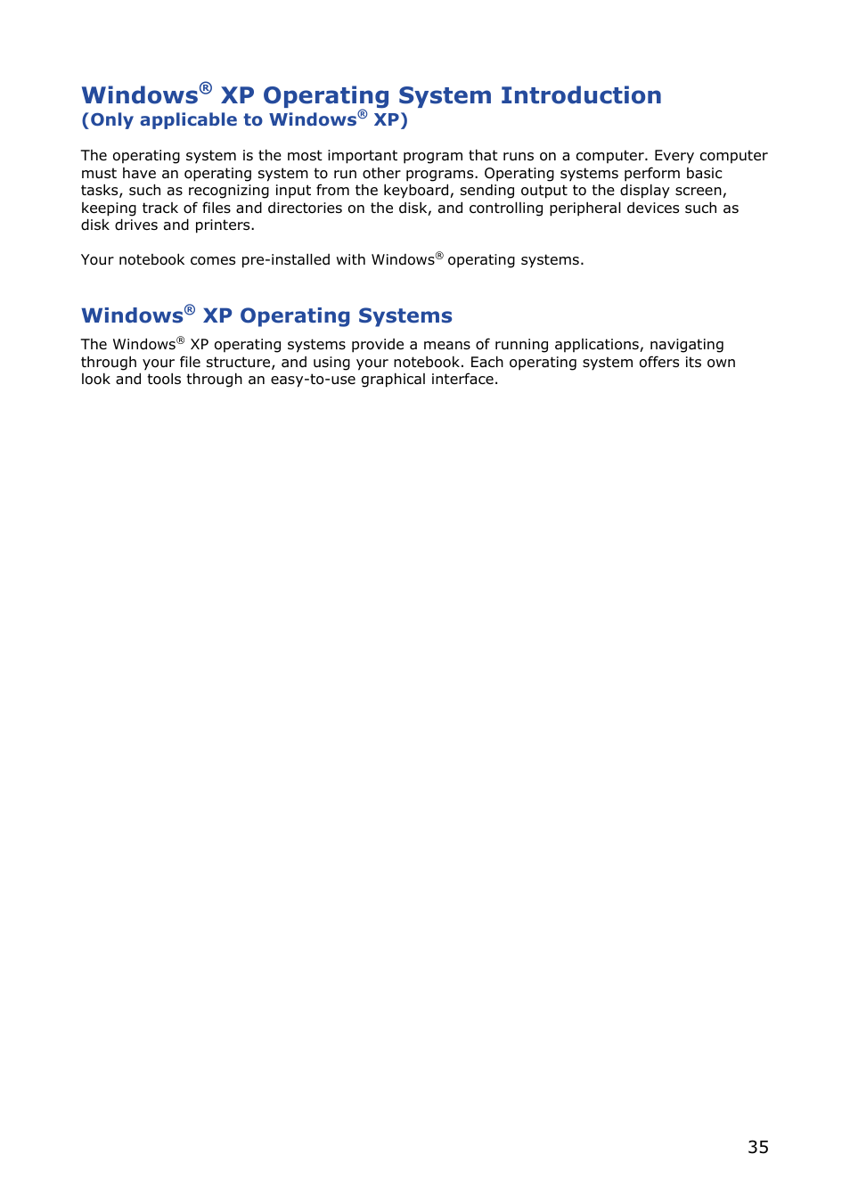 Windows® xp operating systems, Windows, Xp operating system introduction | Xp operating systems | NEC VERSA M380 User Manual | Page 35 / 111