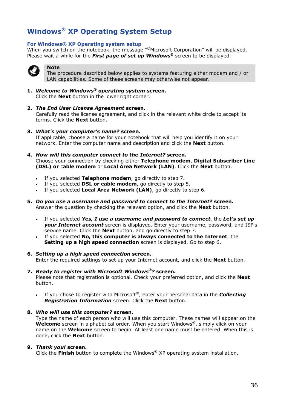 Windows, Xp operating system setup | NEC VERSA M380 User Manual | Page 36 / 111