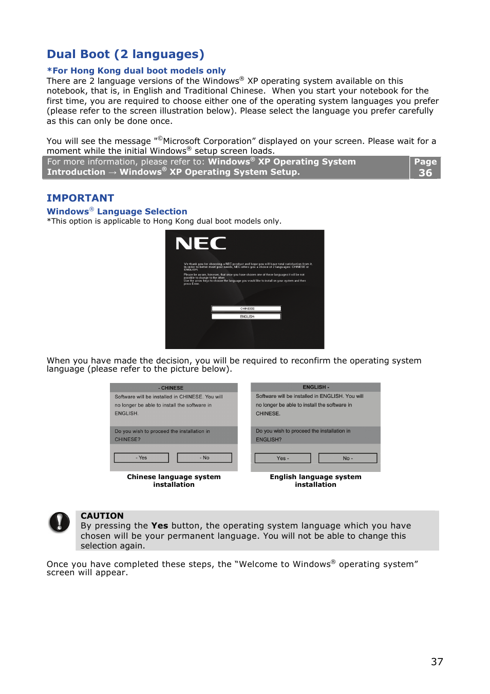 Dual boot (2 languages), Important | NEC VERSA M380 User Manual | Page 37 / 111