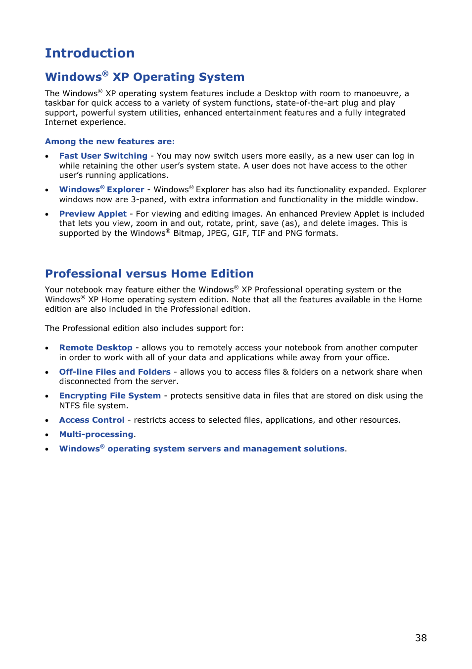 Introduction, Windows, Xp operating system | Professional versus home edition | NEC VERSA M380 User Manual | Page 38 / 111