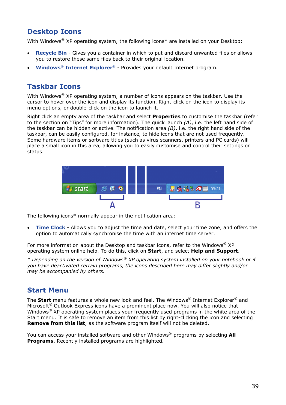 Desktop icons, Taskbar icons, Start menu | NEC VERSA M380 User Manual | Page 39 / 111