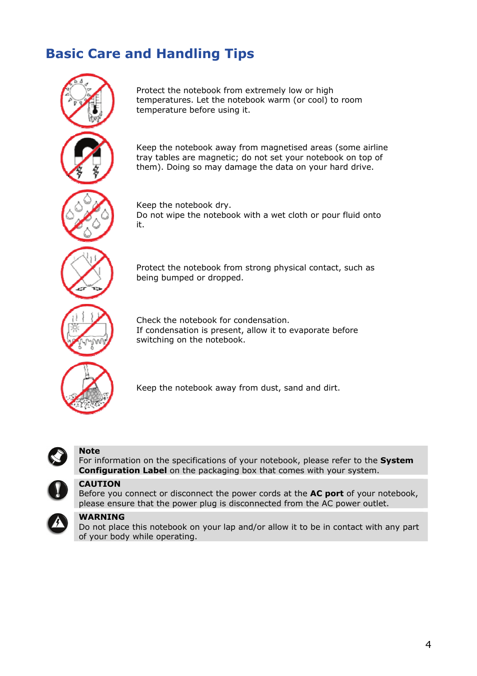 Basic care and handling tips | NEC VERSA M380 User Manual | Page 4 / 111
