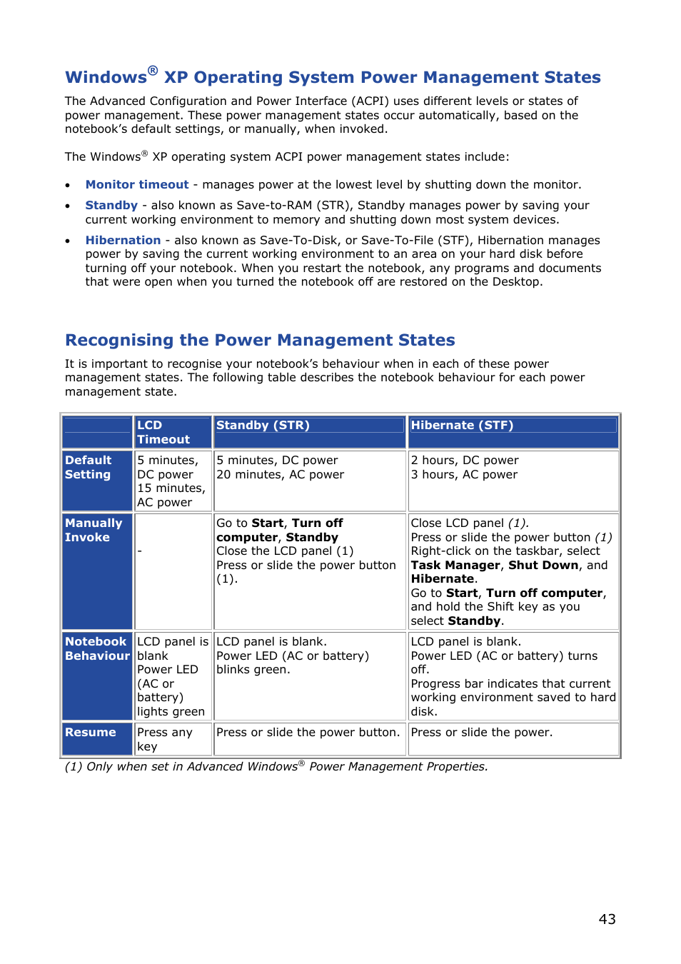 Windows, Xp operating system power management states, Recognising the power management states | NEC VERSA M380 User Manual | Page 43 / 111