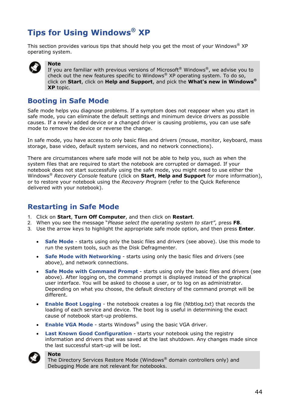 Tips for using windows® xp, Tips for using windows, Booting in safe mode | Restarting in safe mode | NEC VERSA M380 User Manual | Page 44 / 111
