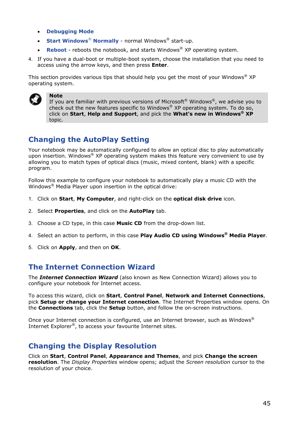 Changing the autoplay setting, The internet connection wizard, Changing the display resolution | NEC VERSA M380 User Manual | Page 45 / 111