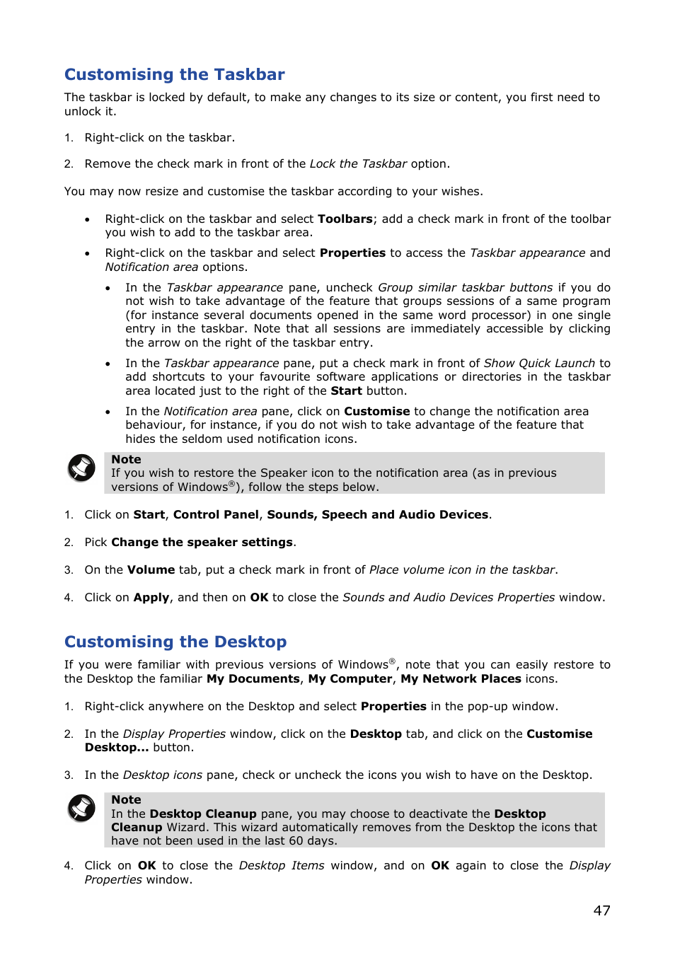 Customising the taskbar, Customising the desktop | NEC VERSA M380 User Manual | Page 47 / 111