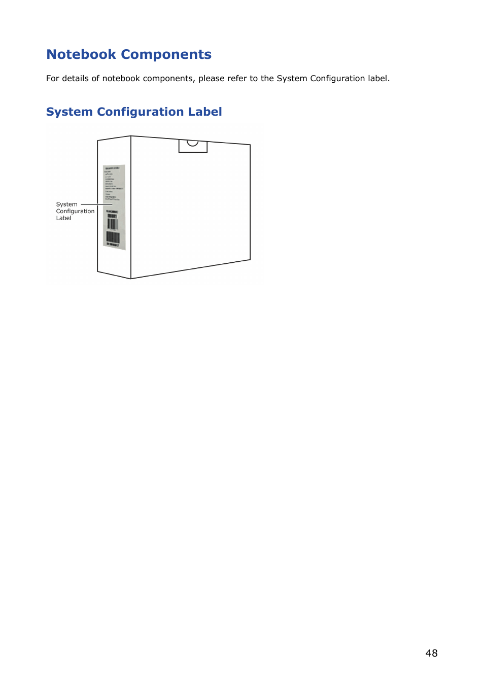 Notebook components, System configuration label | NEC VERSA M380 User Manual | Page 48 / 111