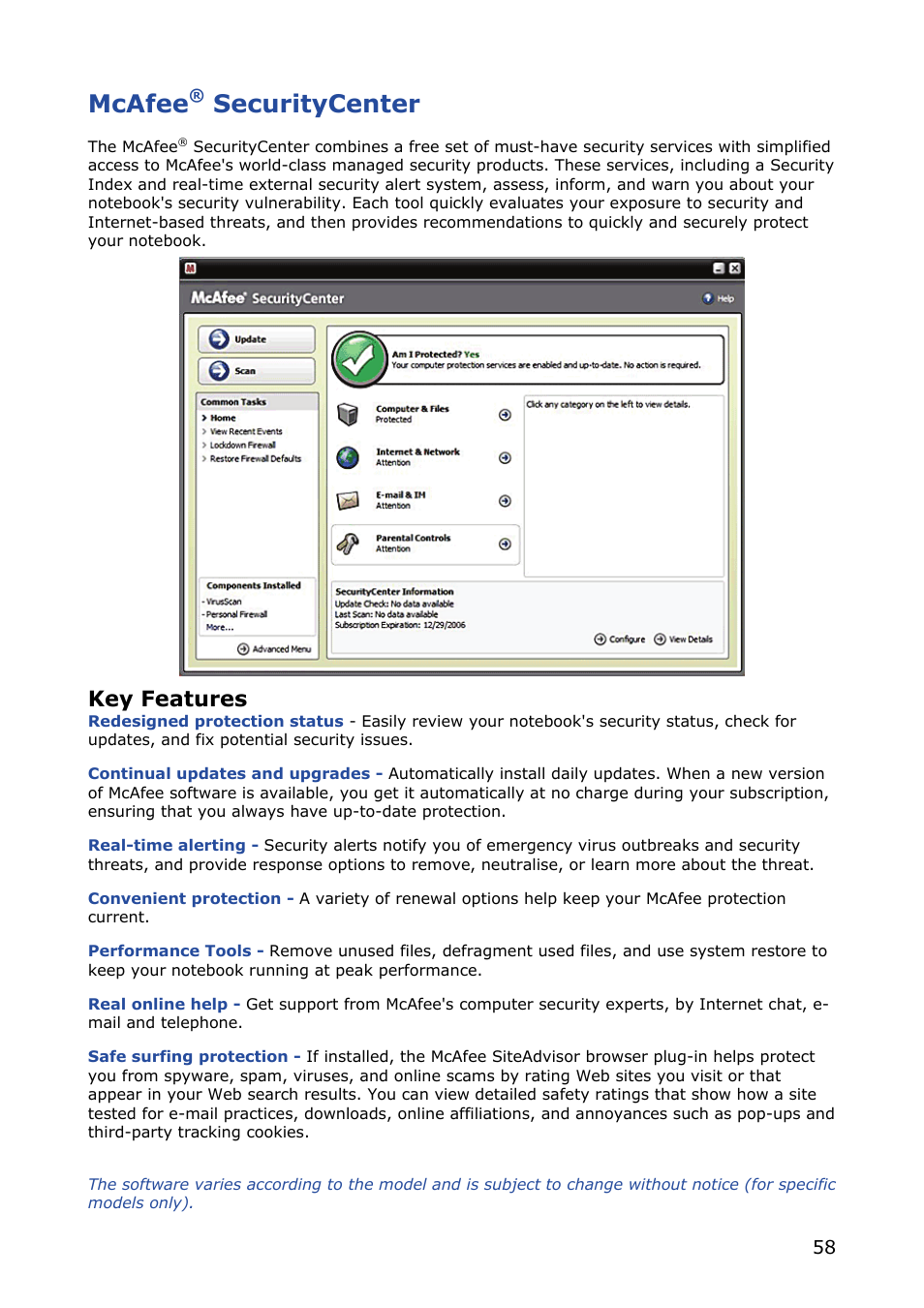 Mcafee® securitycenter, Mcafee, Securitycenter | Key features | NEC VERSA M380 User Manual | Page 58 / 111