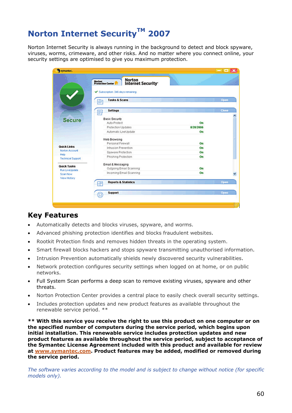 Norton internet securitytm 2007, Norton internet security, Key features | NEC VERSA M380 User Manual | Page 60 / 111