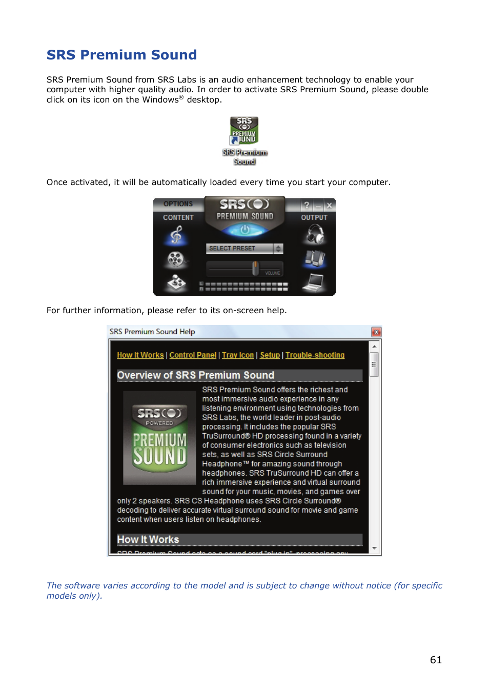 Srs premium sound | NEC VERSA M380 User Manual | Page 61 / 111