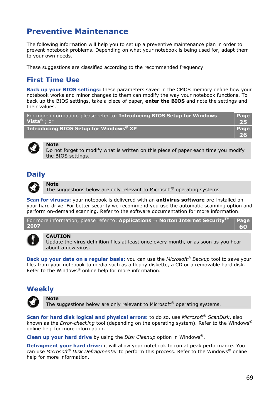 Preventive maintenance, First time use, Daily | Weekly | NEC VERSA M380 User Manual | Page 69 / 111