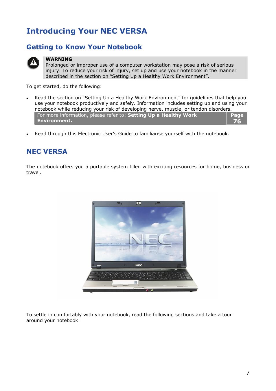 Introducing your nec versa, Getting to know your notebook, Nec versa | NEC VERSA M380 User Manual | Page 7 / 111