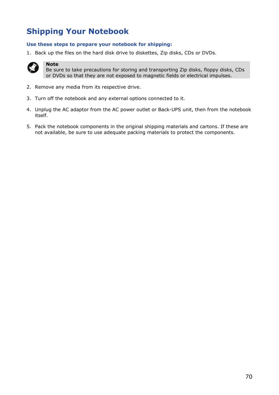 Shipping your notebook | NEC VERSA M380 User Manual | Page 70 / 111