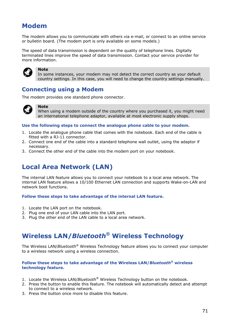 Modem, Local area network (lan), Wireless lan/bluetooth® wireless technology | Wireless lan/ bluetooth, Wireless technology, Connecting using a modem | NEC VERSA M380 User Manual | Page 71 / 111