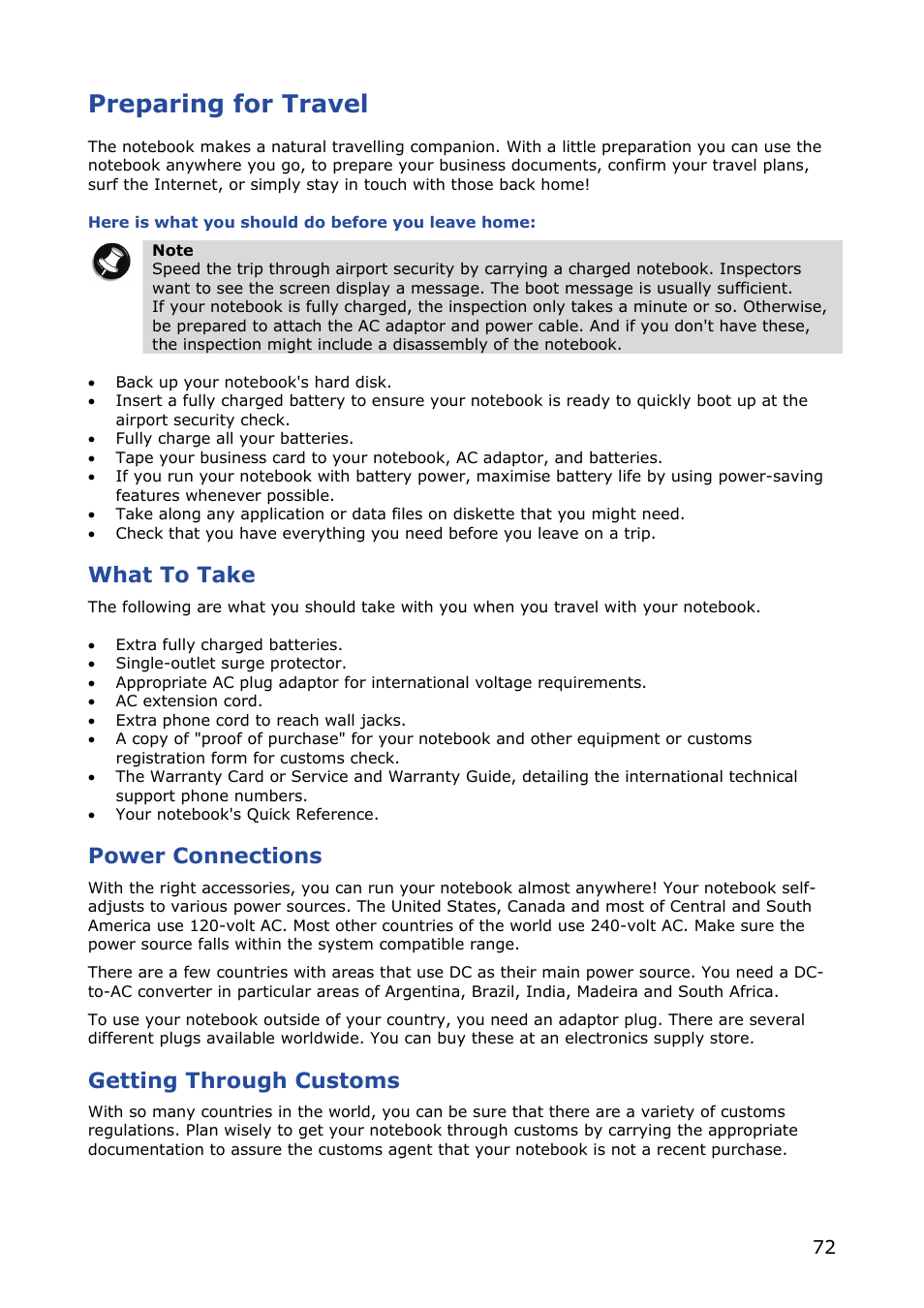 Preparing for travel, What to take, Power connections | Getting through customs | NEC VERSA M380 User Manual | Page 72 / 111
