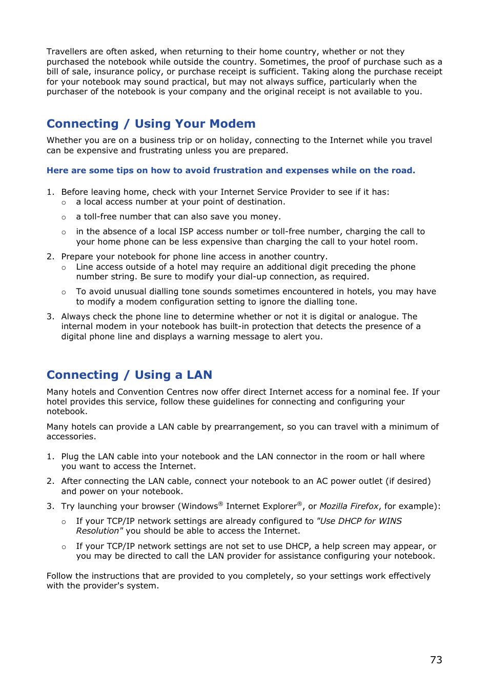 Connecting / using your modem, Connecting / using a lan | NEC VERSA M380 User Manual | Page 73 / 111