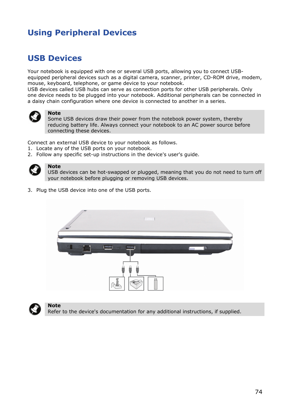 Using peripheral devices, Usb devices | NEC VERSA M380 User Manual | Page 74 / 111