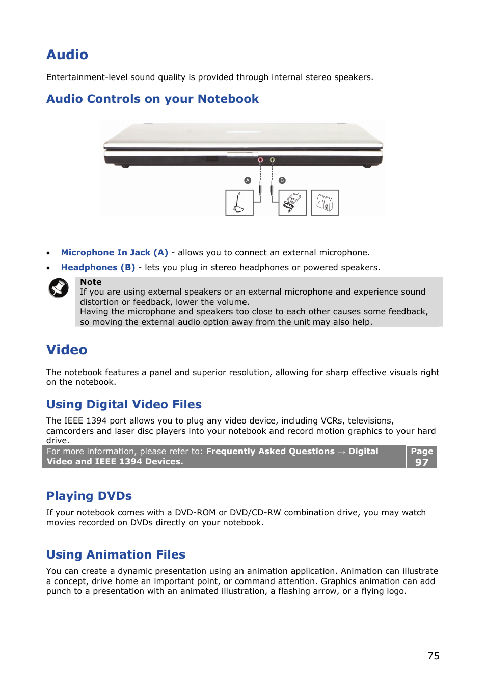 Audio, Video, Using digital video files | Playing dvds, Using animation files | NEC VERSA M380 User Manual | Page 75 / 111