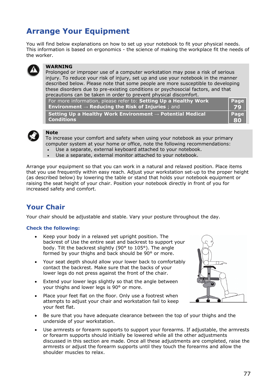 Arrange your equipment, Your chair | NEC VERSA M380 User Manual | Page 77 / 111