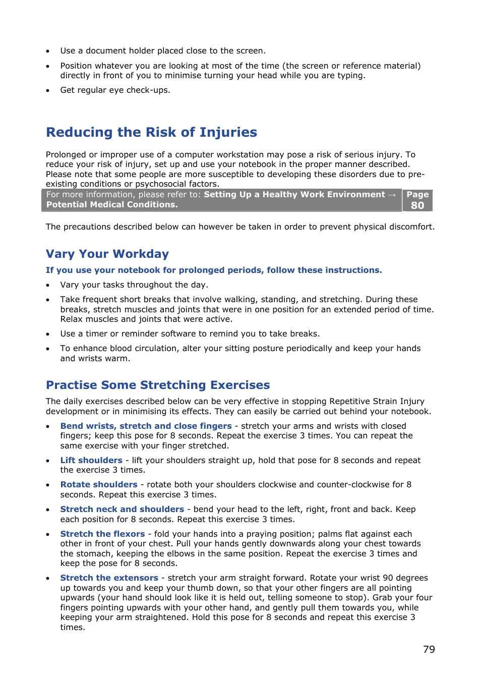 Reducing the risk of injuries, Vary your workday, Practise some stretching exercises | NEC VERSA M380 User Manual | Page 79 / 111