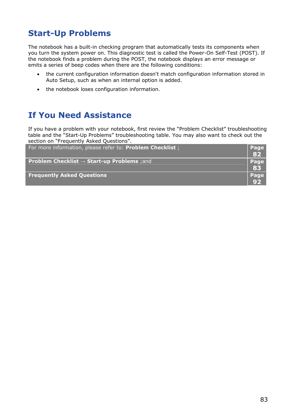 Start-up problems, If you need assistance | NEC VERSA M380 User Manual | Page 83 / 111