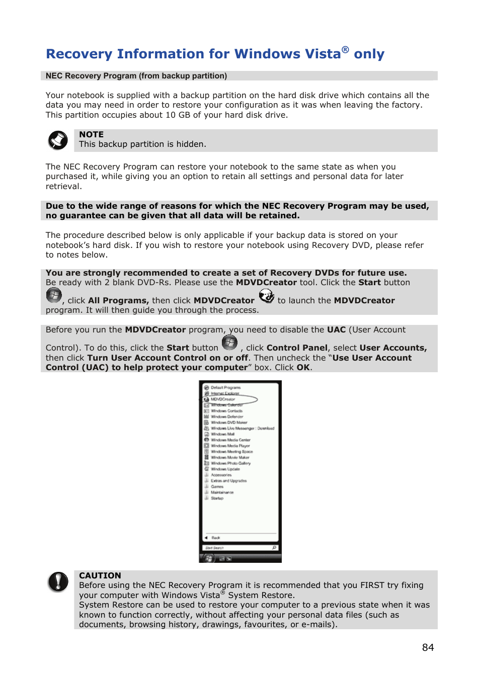 Recovery information for windows vista® only, Recovery information for windows vista, Only | NEC VERSA M380 User Manual | Page 84 / 111