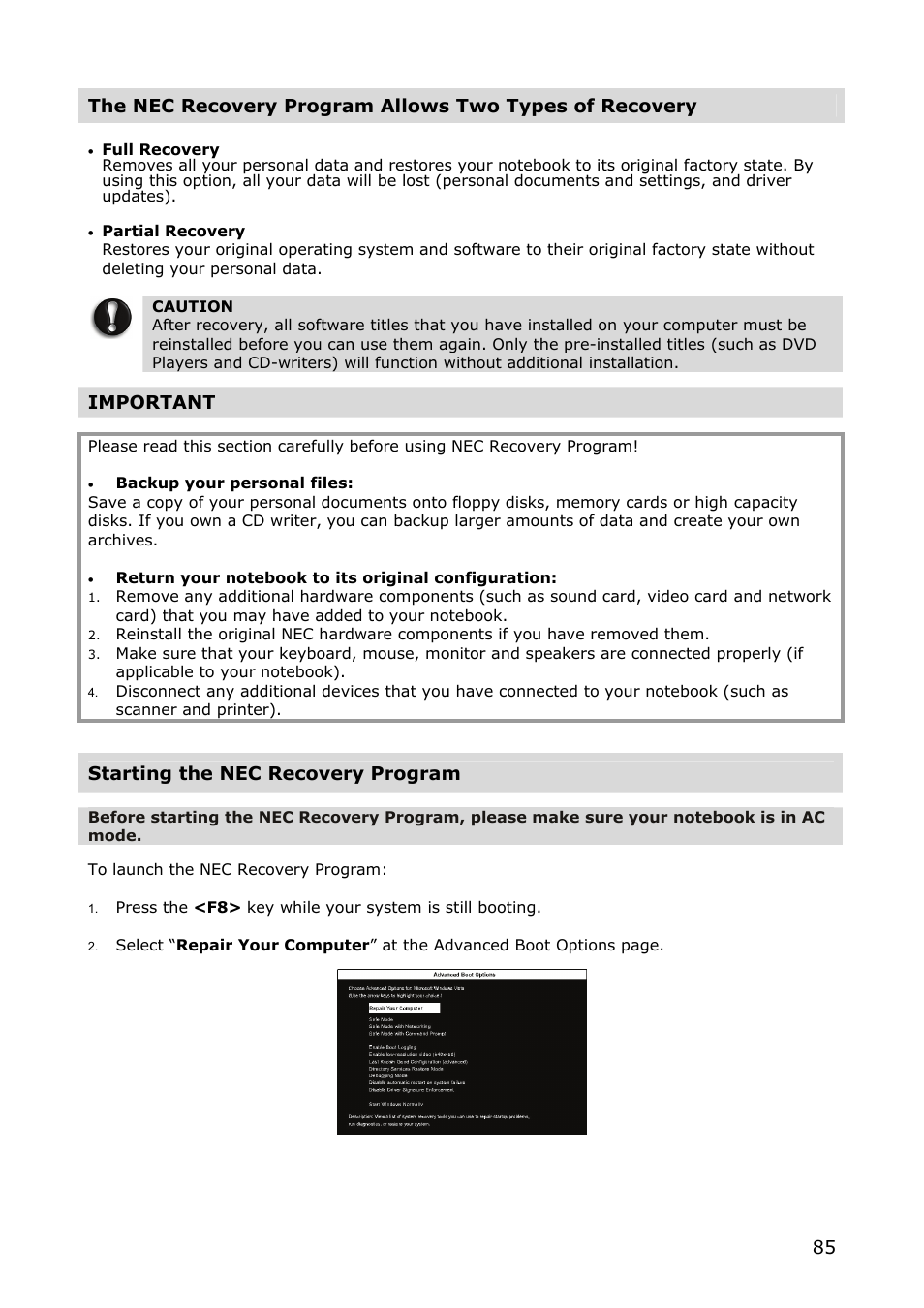 Important, Starting the nec recovery program | NEC VERSA M380 User Manual | Page 85 / 111