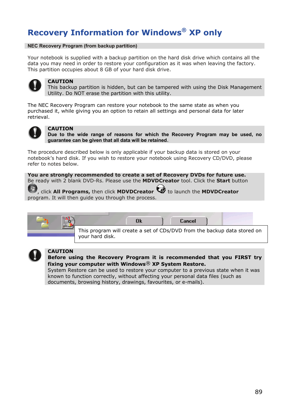 Recovery information for windows® xp only, Recovery information for windows, Xp only | NEC VERSA M380 User Manual | Page 89 / 111