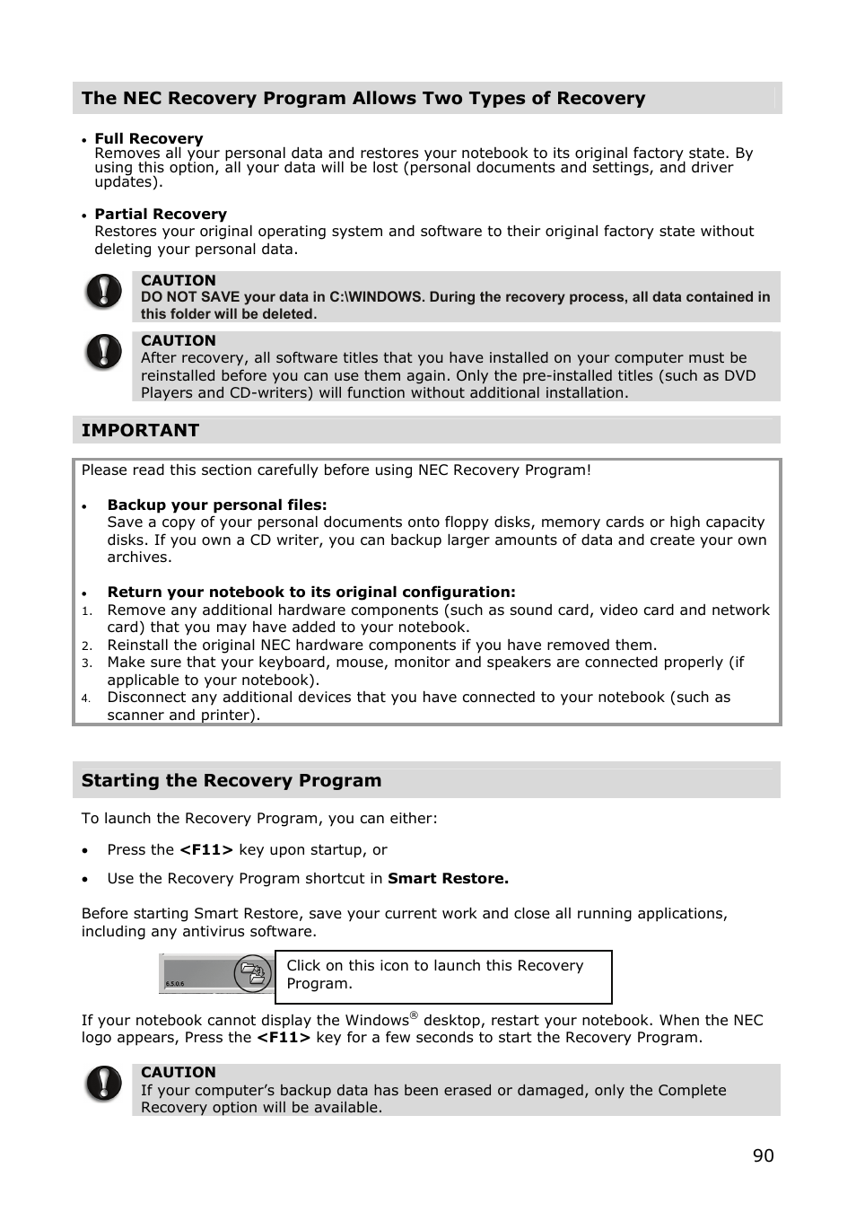 Important, Starting the recovery program | NEC VERSA M380 User Manual | Page 90 / 111