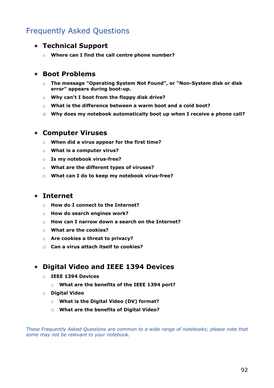 Frequently asked questions, Technical support, Boot problems | Computer viruses, Internet, Digital video and ieee 1394 devices | NEC VERSA M380 User Manual | Page 92 / 111