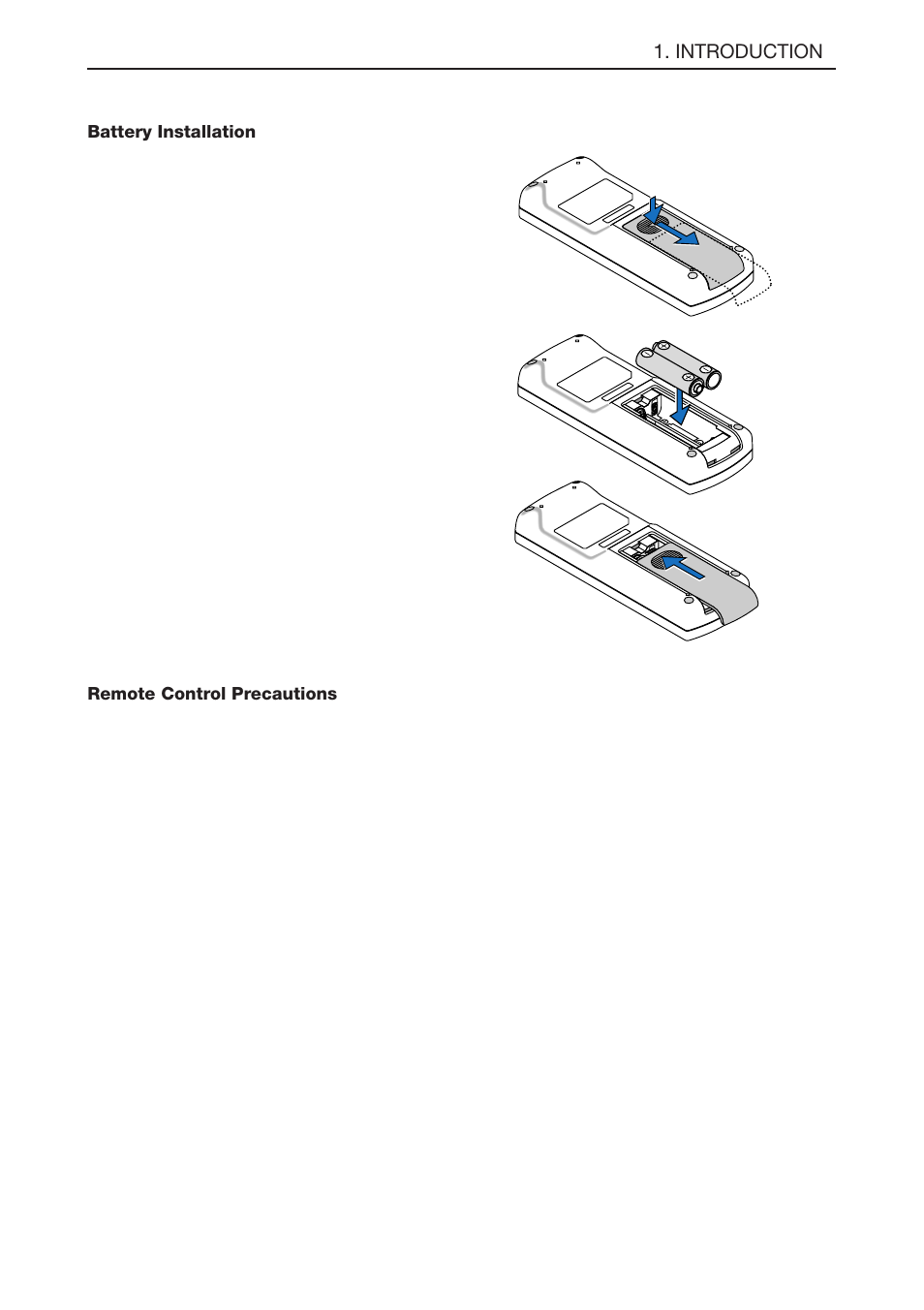 Battery installation, Remote control precautions | NEC LT180 User Manual | Page 15 / 73