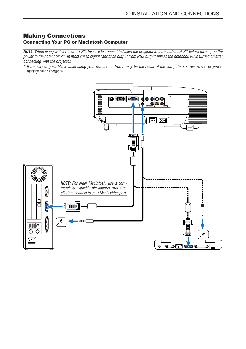 Making connections, Connecting your pc or macintosh computer, E-14 | Installation and connections, Computer in, Audio in | NEC LT180 User Manual | Page 21 / 73