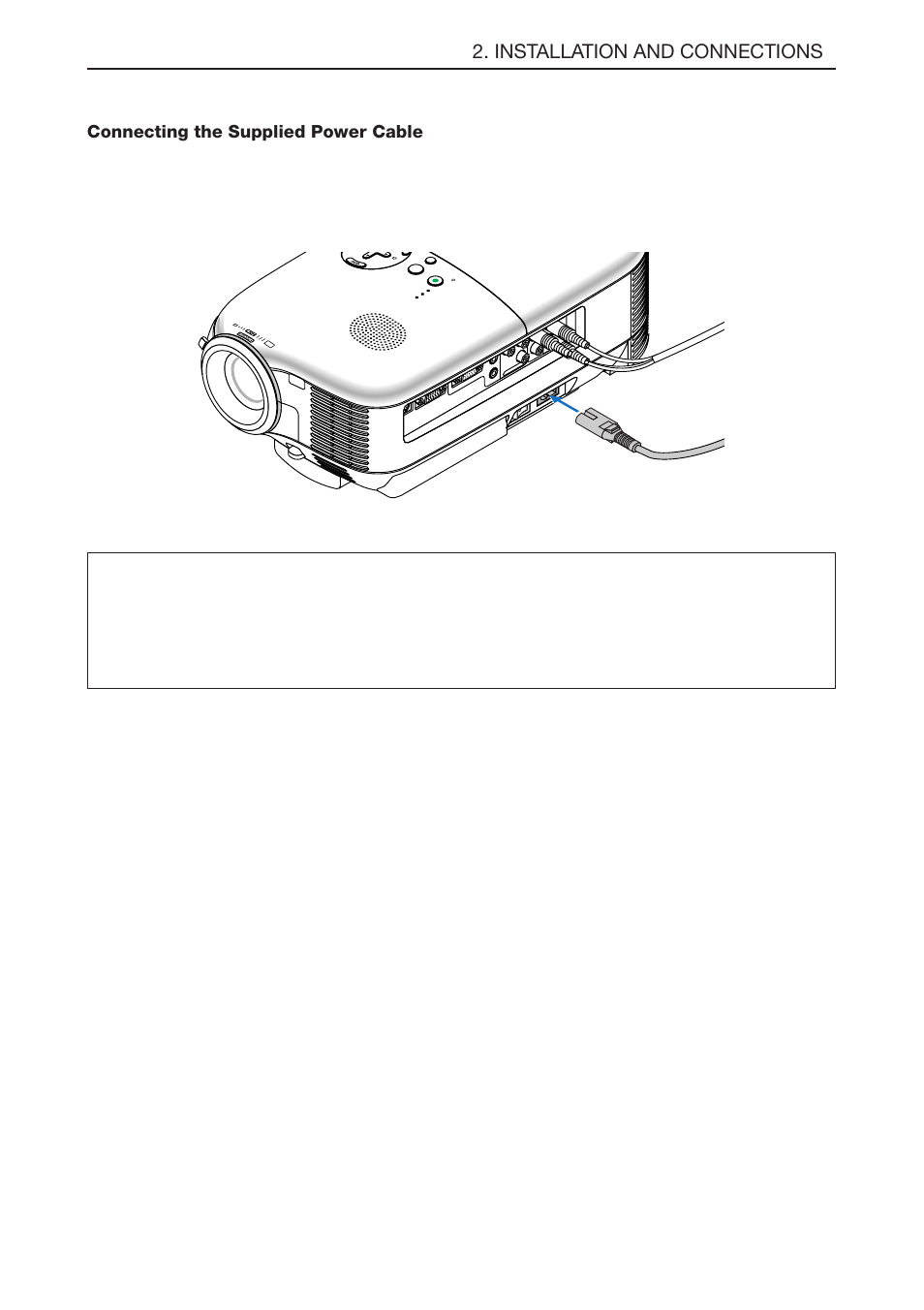 Connecting the supplied power cable, E-19, Installation and connections | NEC LT180 User Manual | Page 26 / 73