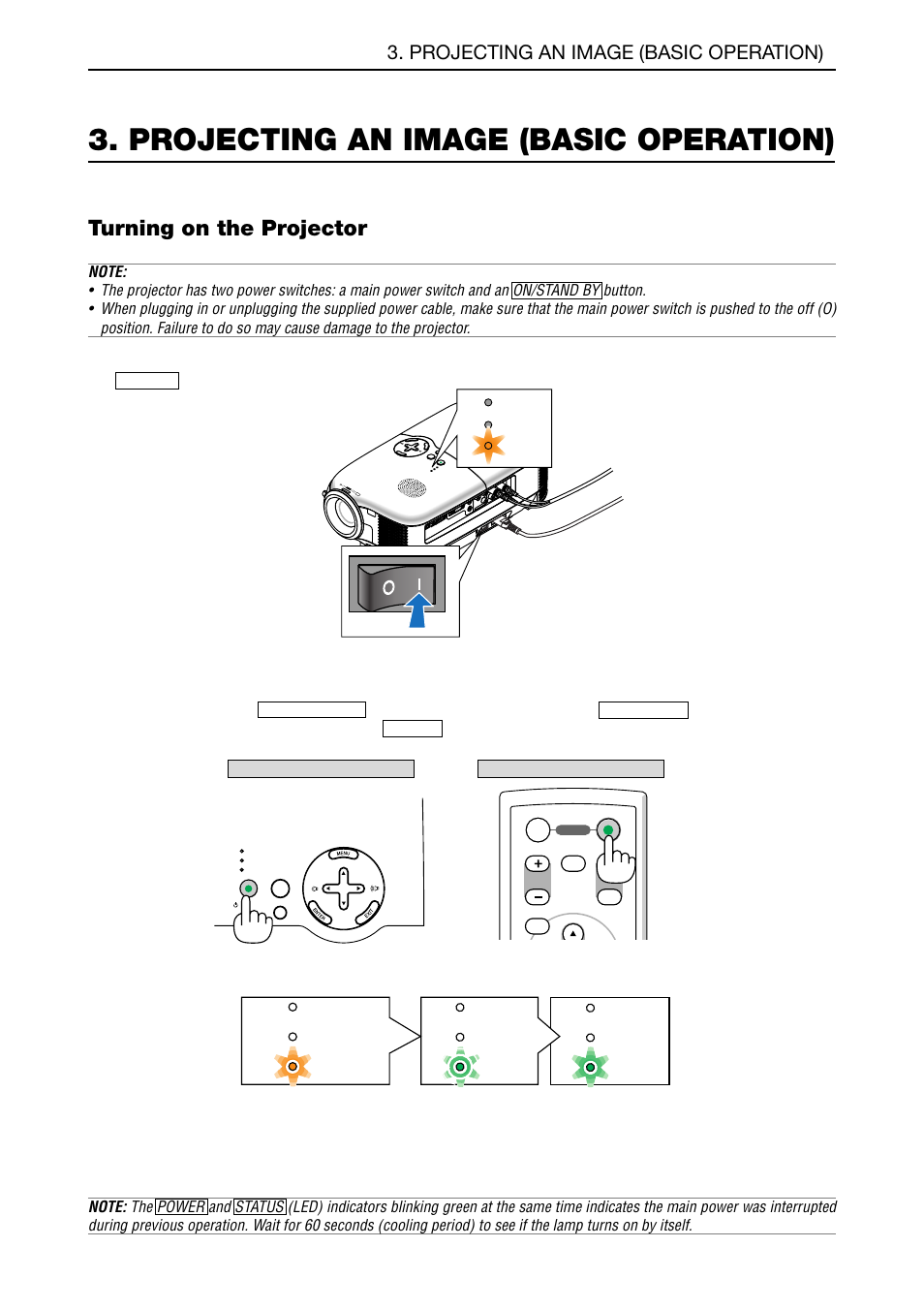 Projecting an image (basic operation), Turning on the projector, E-20 | NEC LT180 User Manual | Page 27 / 73