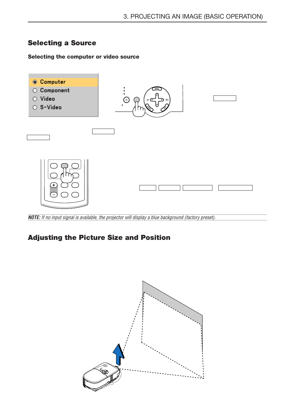 Selecting a source, Adjusting the picture size and position, E-22 | Projecting an image (basic operation), Selecting the computer or video source, Press the source button, Using the cabinet buttons | NEC LT180 User Manual | Page 29 / 73