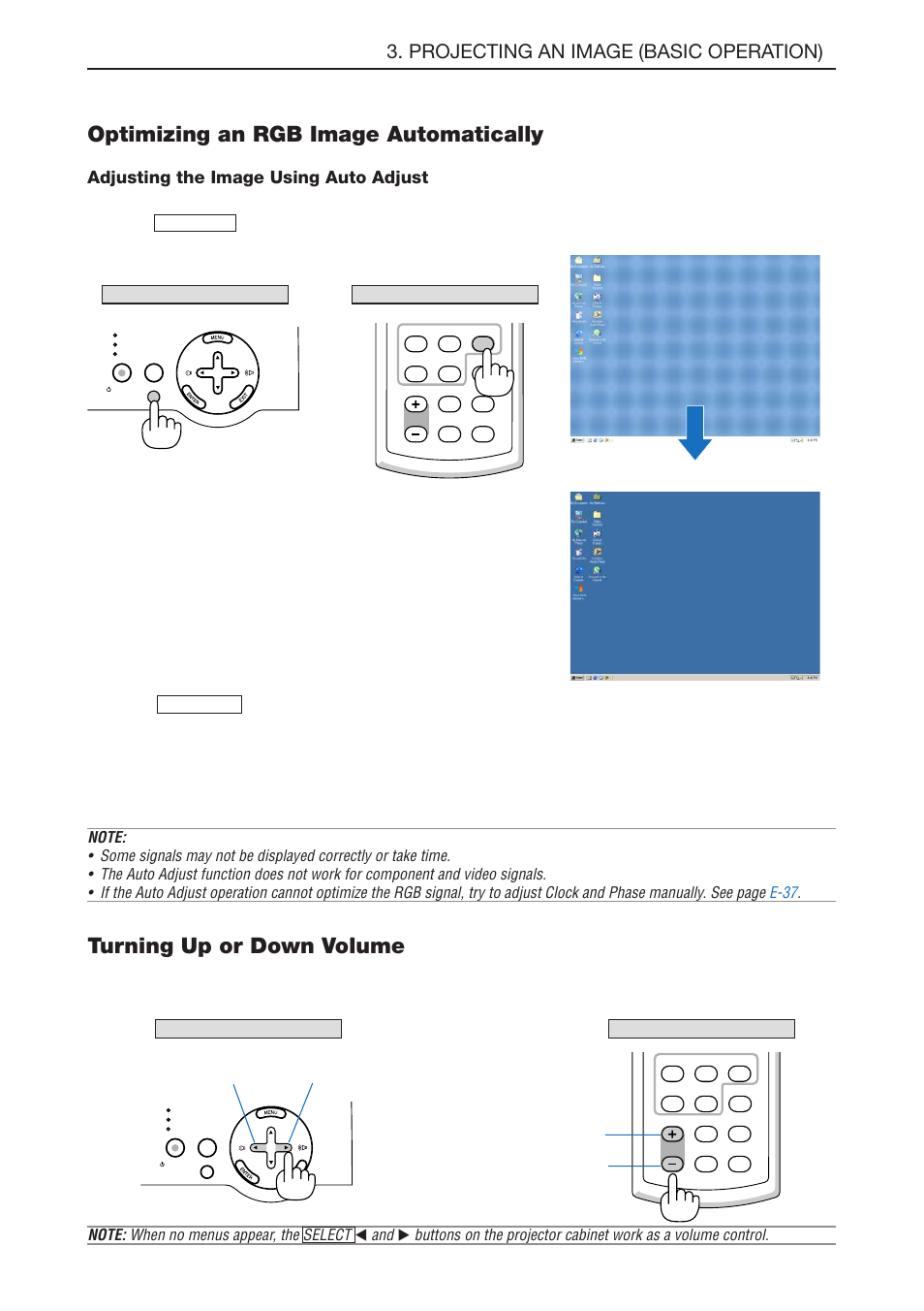 Optimizing an rgb image automatically, Turning up or down volume, E-26 | Projecting an image (basic operation), Adjusting the image using auto adjust, Poor picture] [normal picture, Increase volume decrease volume, Sound level from the speaker can be adjusted, Remote control cabinet controls | NEC LT180 User Manual | Page 33 / 73