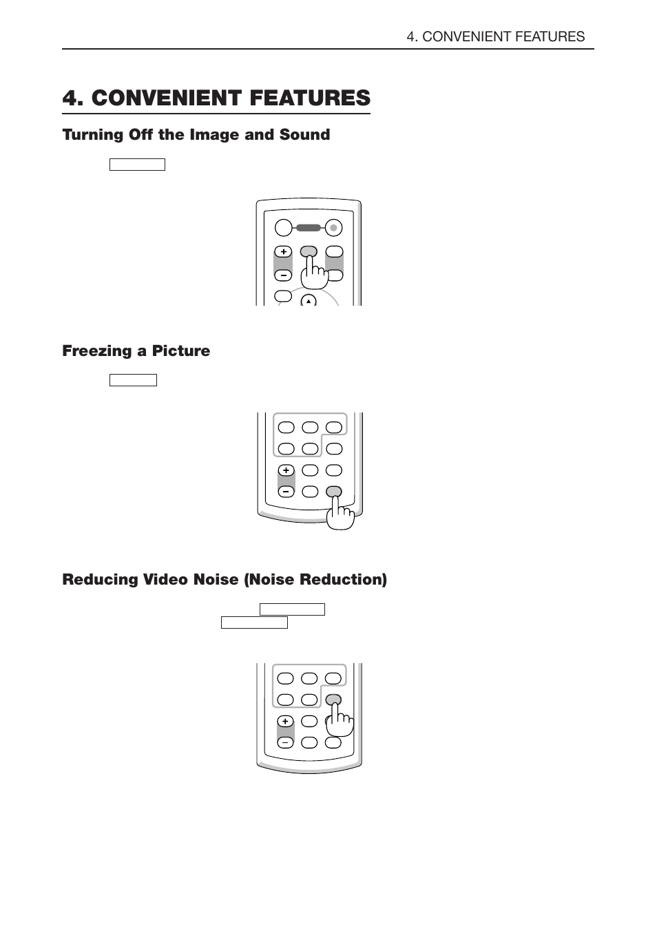 Convenient features, Turning off the image and sound, Freezing a picture | Reducing video noise (noise reduction), E-29 | NEC LT180 User Manual | Page 36 / 73