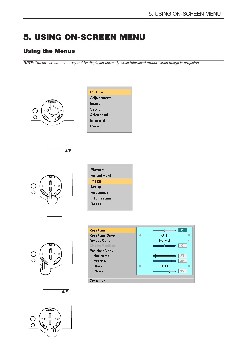 Using on-screen menu, Using the menus, E-31 | Highlight indicates the selected menu or item | NEC LT180 User Manual | Page 38 / 73