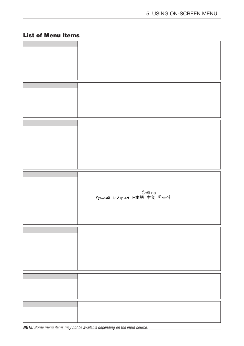 List of menu items, E-33, Using on-screen menu | NEC LT180 User Manual | Page 40 / 73