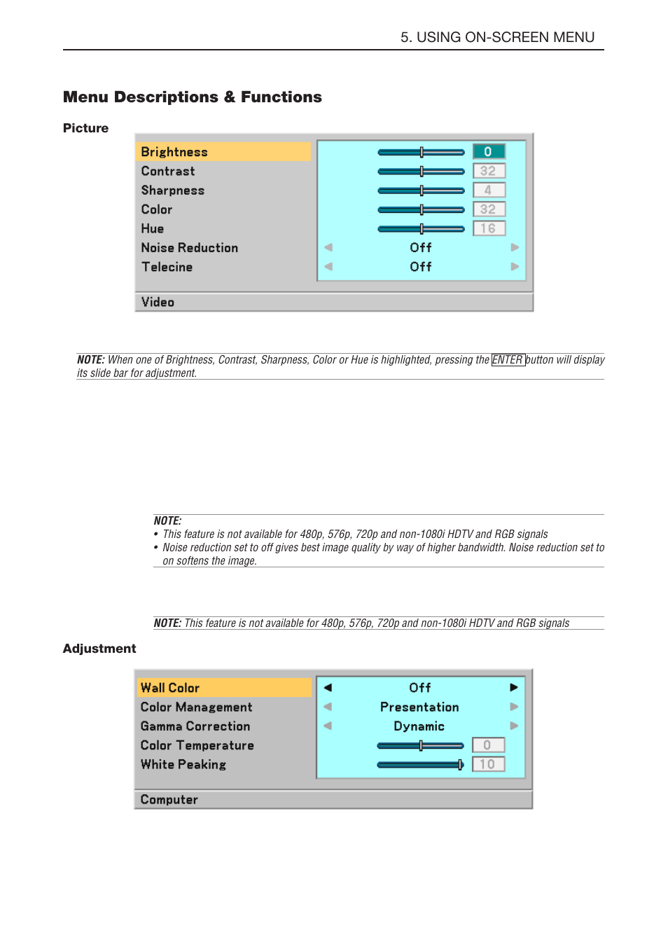 Menu descriptions & functions, Picture, Brightness | Contrast, Sharpness, Color, Noise reduction, Telecine, Adjustment, Selecting wall color correction mode [wall color | NEC LT180 User Manual | Page 41 / 73