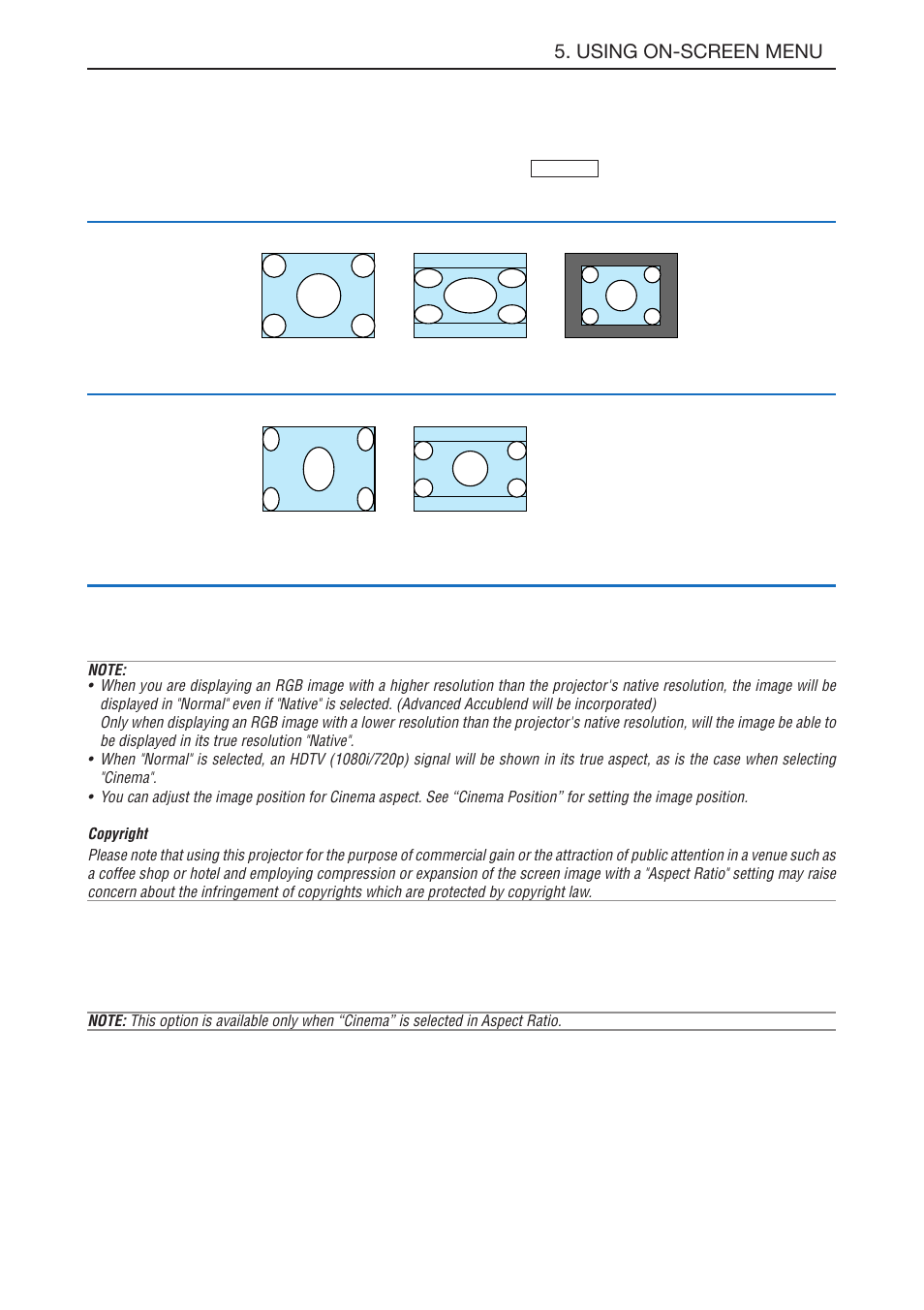 Selecting aspect ratio [aspect ratio, E-36, Using on-screen menu | NEC LT180 User Manual | Page 43 / 73