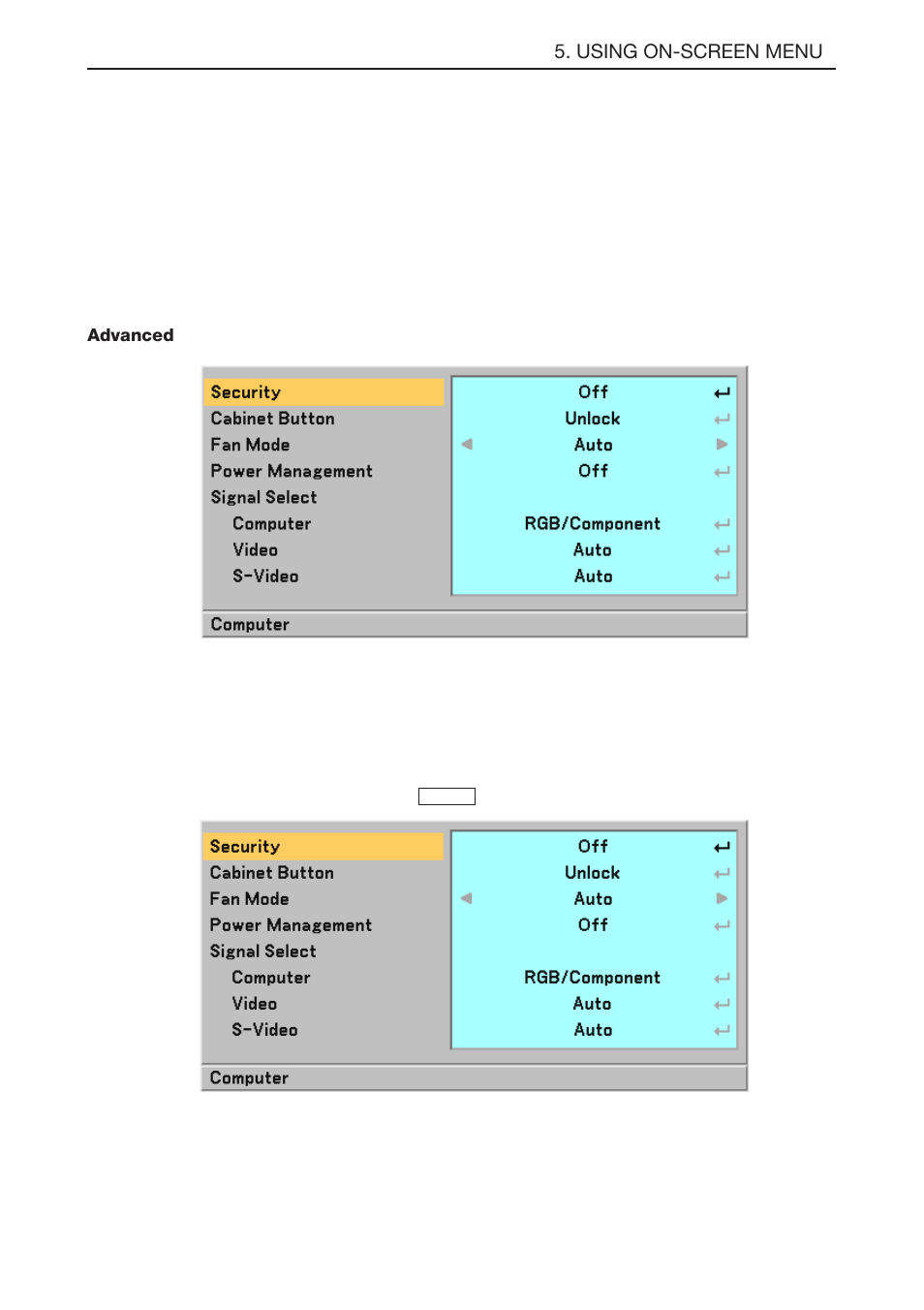 Selecting projector orientation [orientation, Selecting communication speed [communication speed, Advanced | E-38 | NEC LT180 User Manual | Page 45 / 73