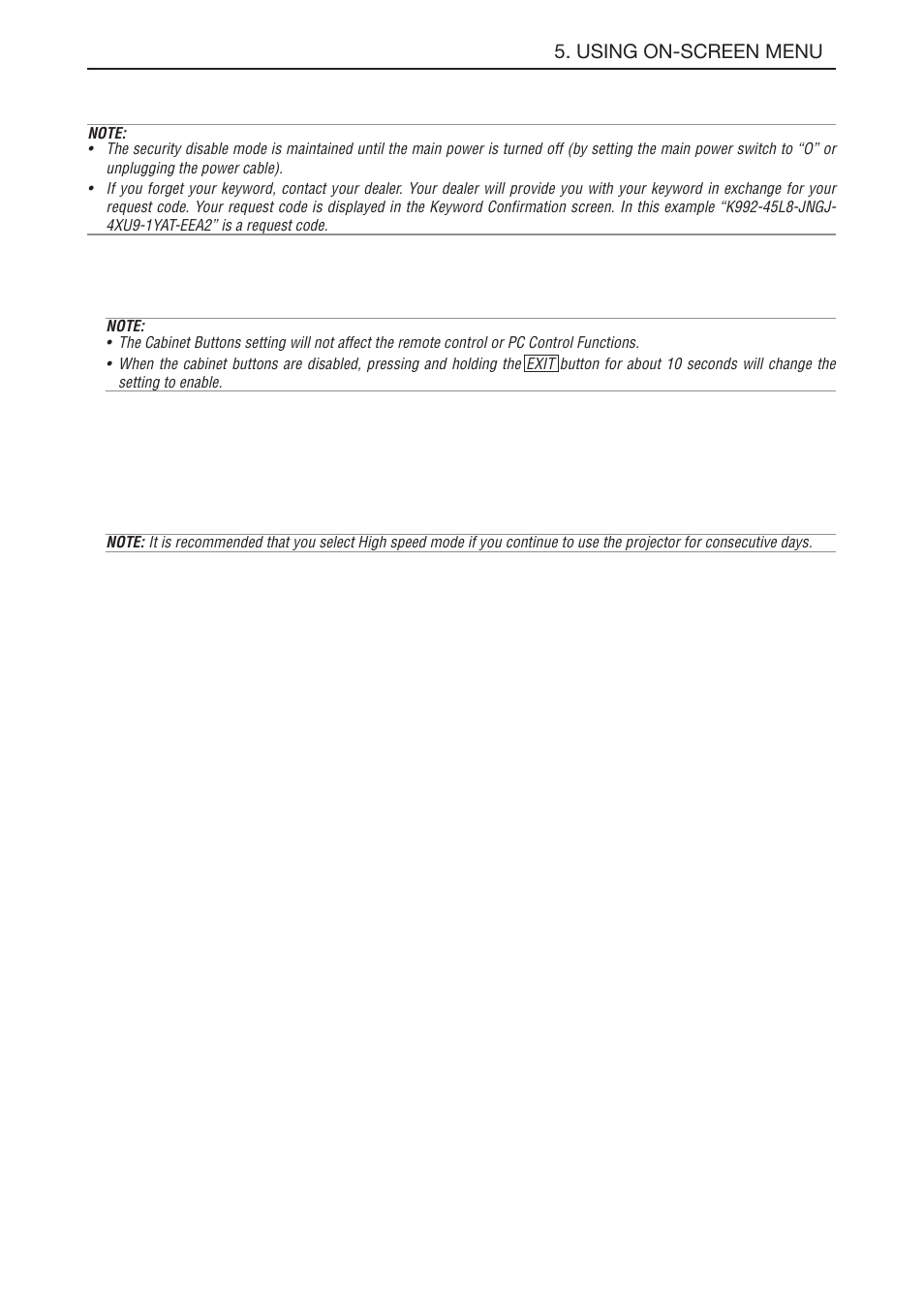 Disabling the cabinet buttons [cabinet button, Enabling fan speed mode [fan mode, Enabling power management [power management | Selecting signal format [signal select, E-41, Using on-screen menu | NEC LT180 User Manual | Page 48 / 73